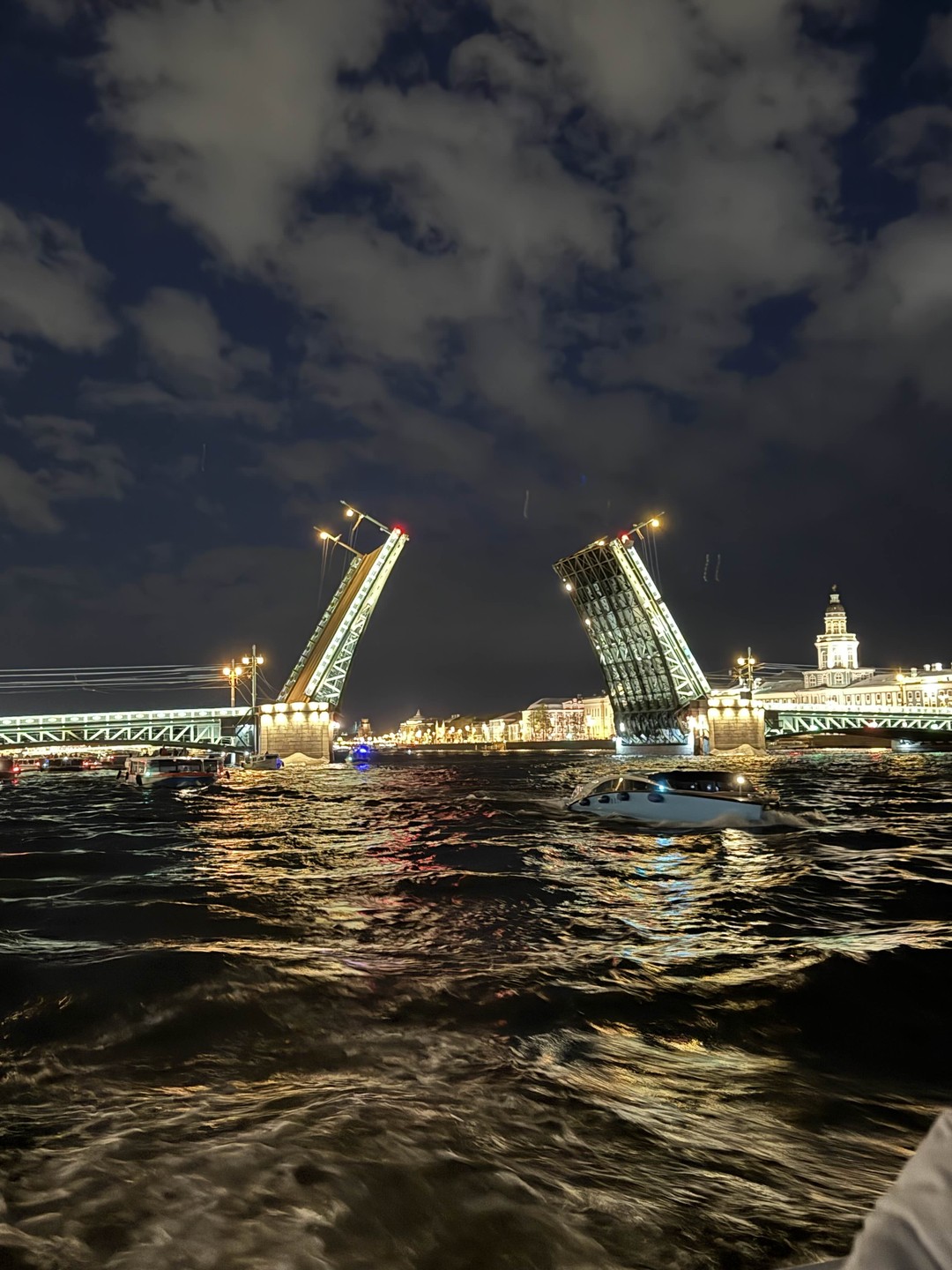 Все было прекрасно, посмотрели на развод трех мостов, на крытой палубе было тепло и есть горячие