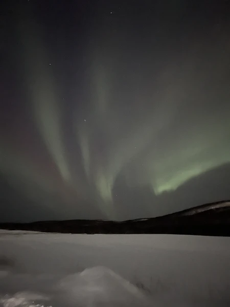 Нам повезло и мы застали северное сияние с первой попытки. А дальше ловили кадры через телефон