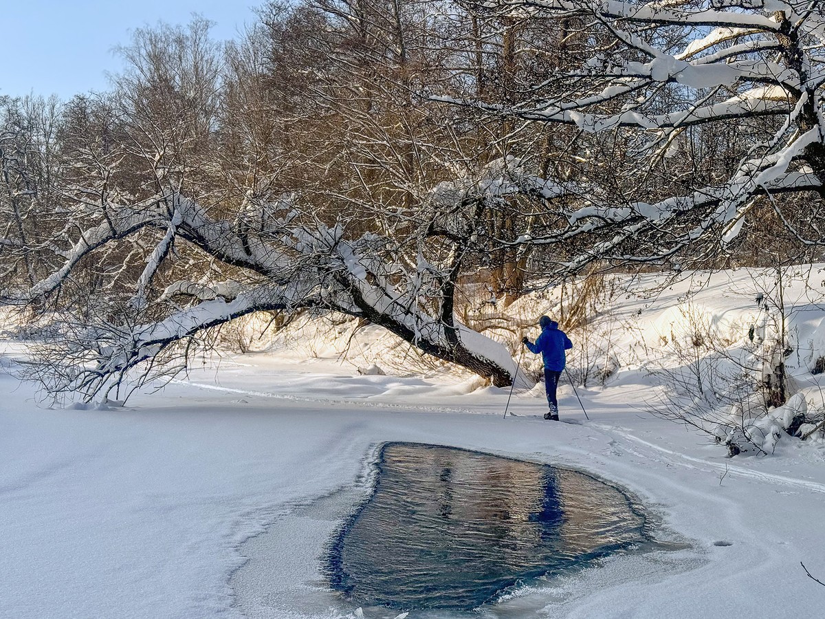 Лыжная прогулка по застывшей реке — в Тарусе