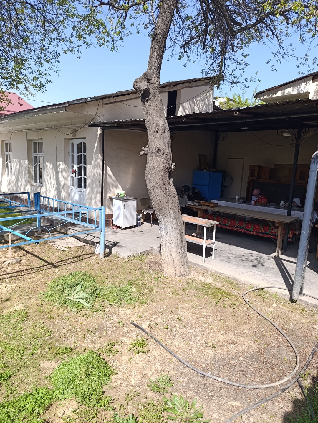 Мастер-класс по плову проходит в чайхане, напоминающей традиционный узбекский дворик. Состояние его оставляет желать лучшего, но